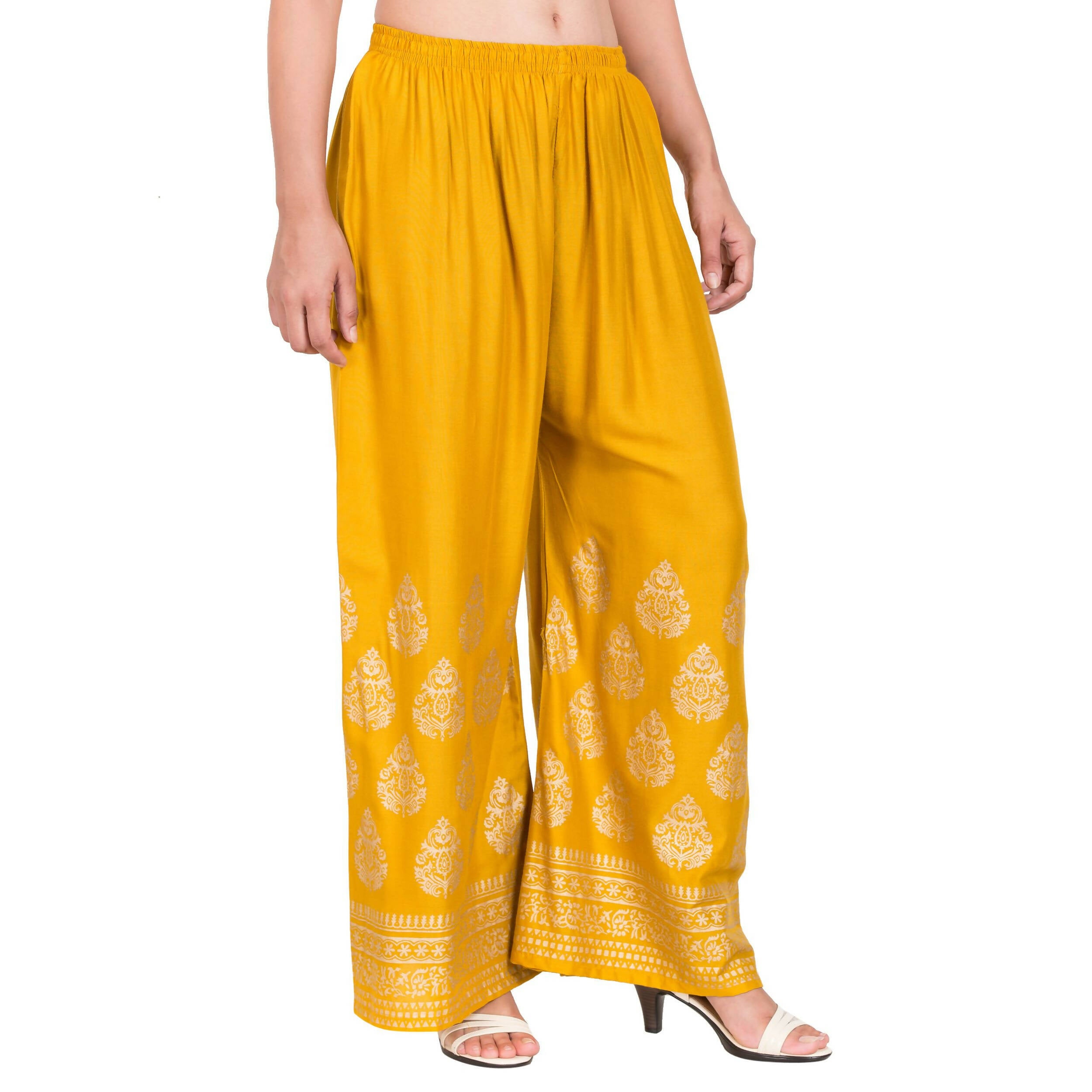 PAVONINE Mustard Color Golden Printed Rayon Fabric Sharara For Women & Girls - Distacart