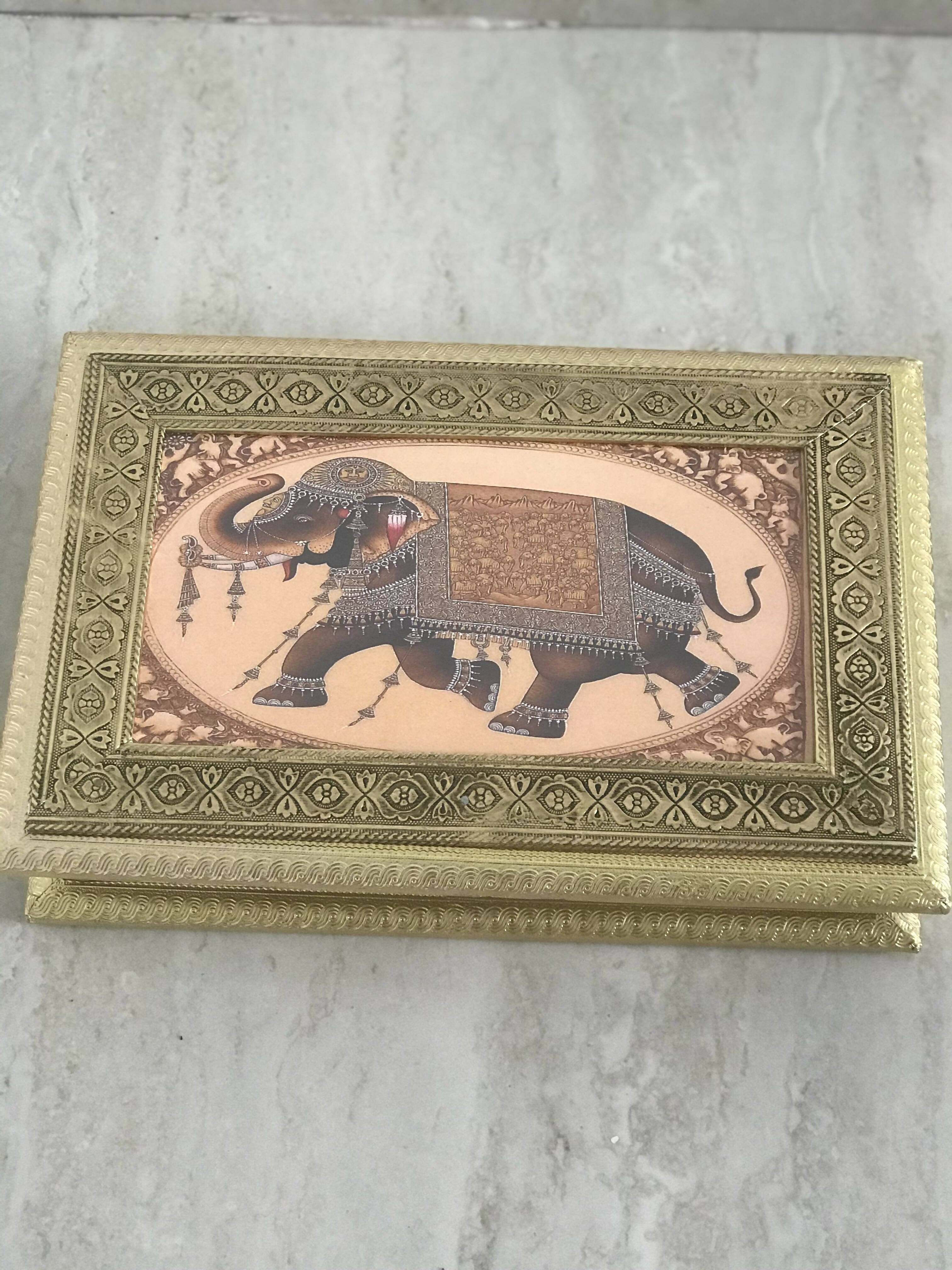 SK Mithaii | Assorted Rajasthani Elephant Design Dry Fruit Box | Almonds | Apricots | Figs | Black Resins |4 Partition - Distacart
