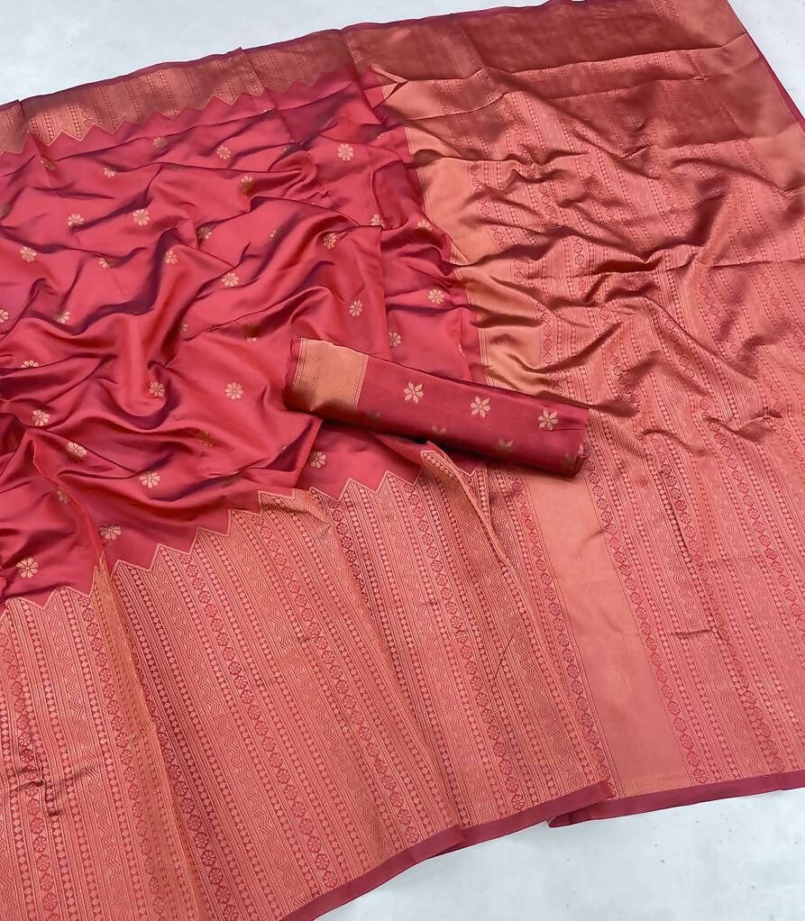 DEIANA'S Beautiful Golden Jari with New Design Soft Lichi Silk Saree - Red - Distacart