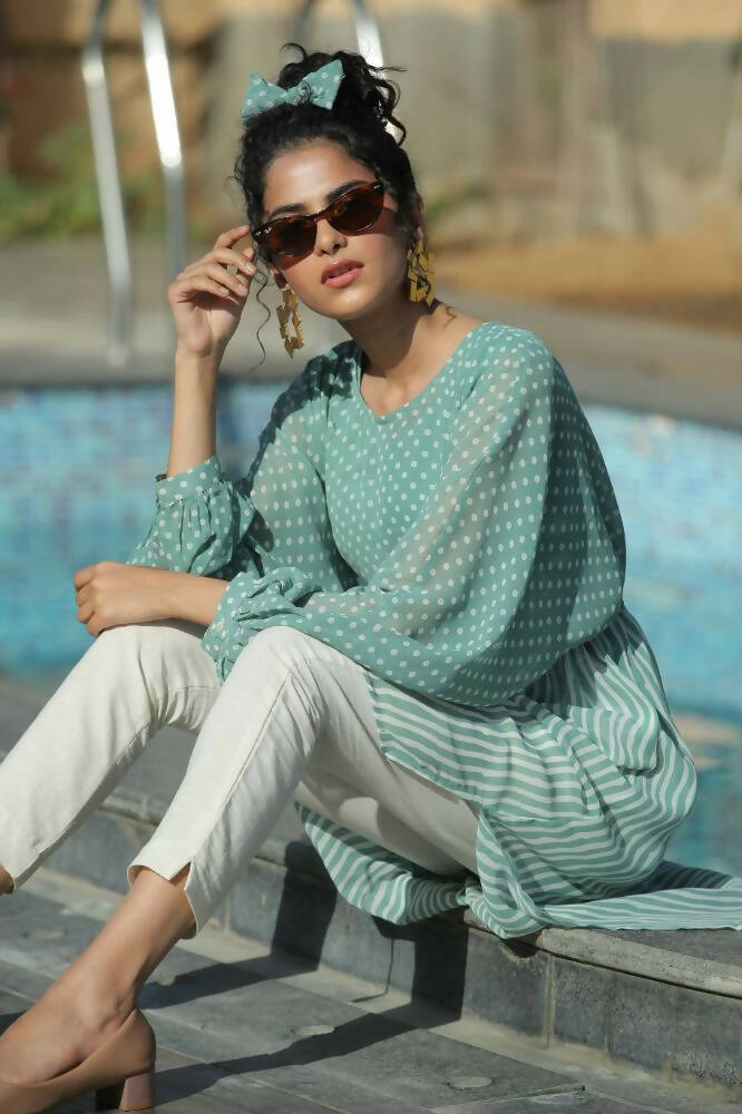 Juniper Women Sagegreen Georgette Bandhani High-Low Tunic - Distacart