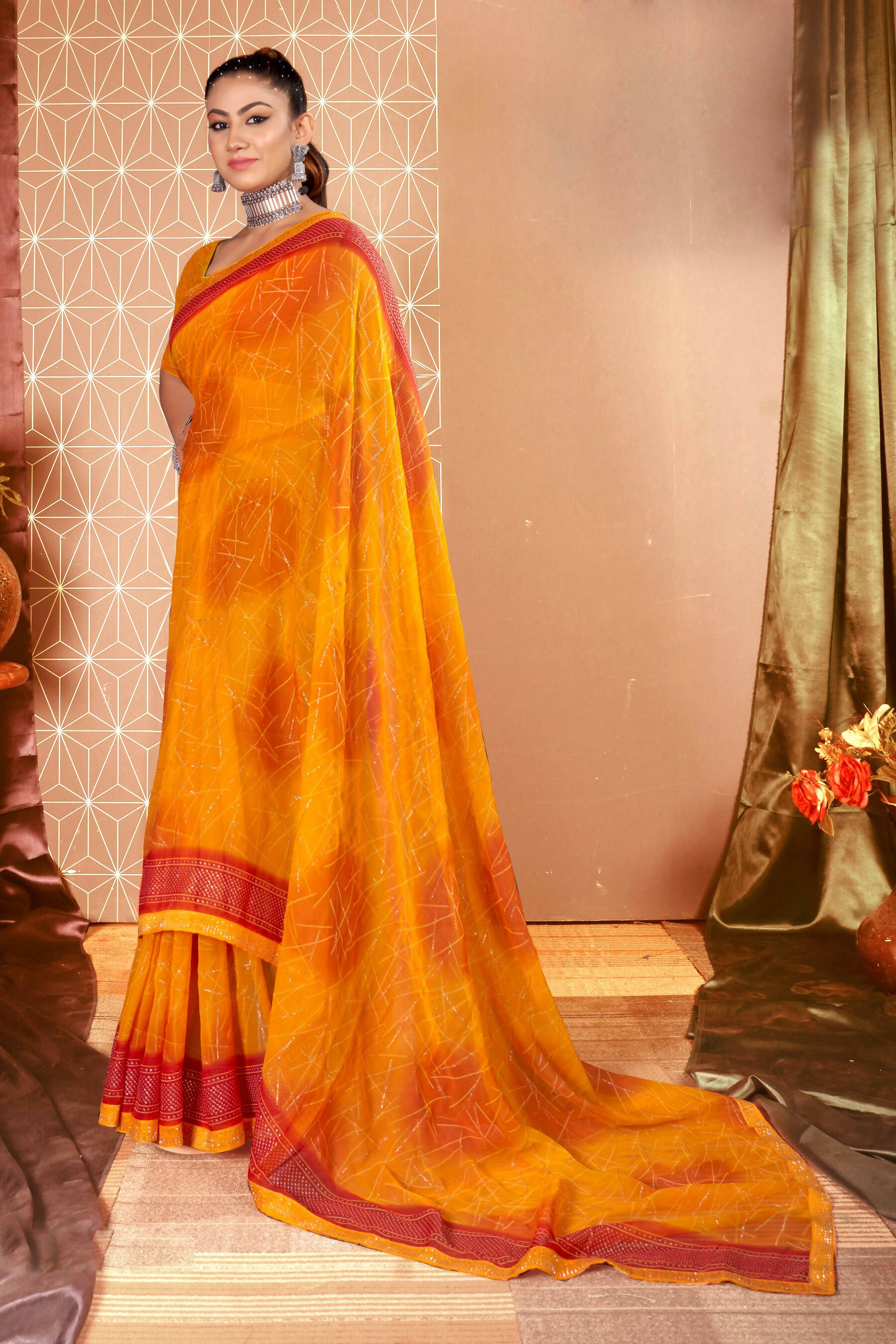 Mustard Chiffon Abstract Printed Saree With Unstitched Blouse Piece - Rajal - Distacart