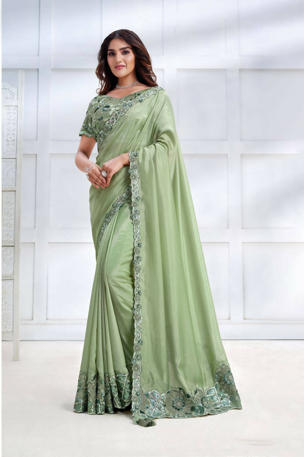 Pista Green Tusser Silk Cord & Sequence Embroidered with Stone work Saree - Mohmanthan Majestica - Distacart