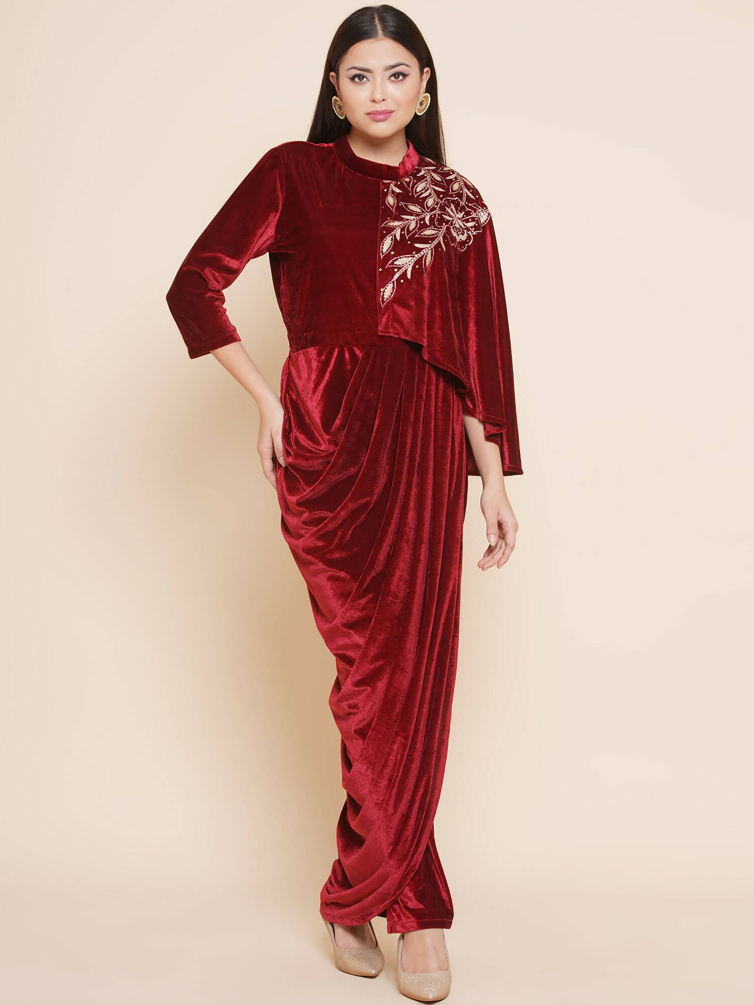 Women Republic Maroon Velvet Drape Styel Gown - Distacart