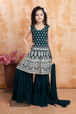 Thumbnail for Kids Wedding Designer Rama Faux Georgette Fabric Sharara Suit - Aaradhna - Distacart