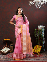Thumbnail for Lorenvalley Fashion Pink Cotton with Woven Design Zari Weaving Saree - Distacart