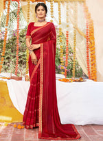 Thumbnail for Red Georgette Foil Printed Saree with Unstitched Blouse Piece - Avika - Distacart
