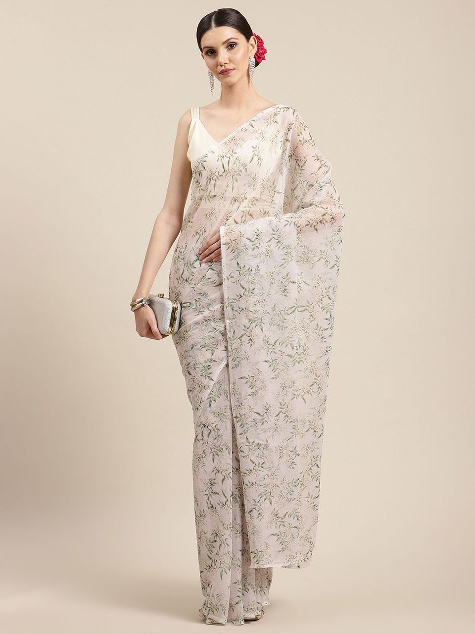 Ahalyaa Women's Off White Chiffon Digital Print Floral Saree - Distacart