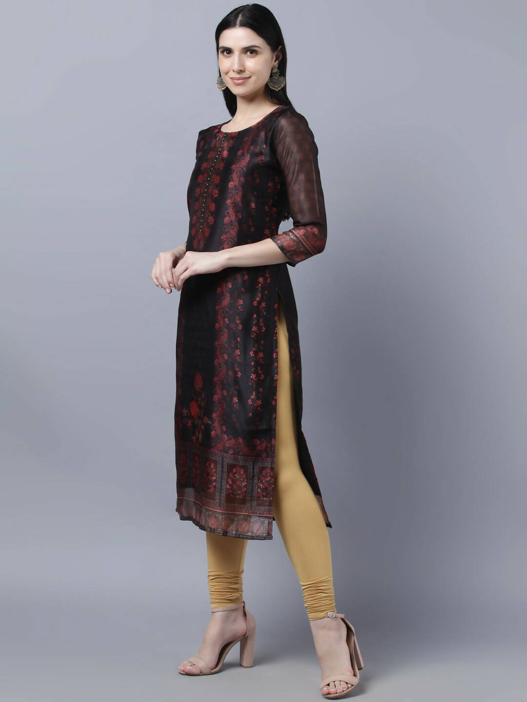 Myshka Women Black Red Floral Printed Chanderi Silk Kurta - Distacart