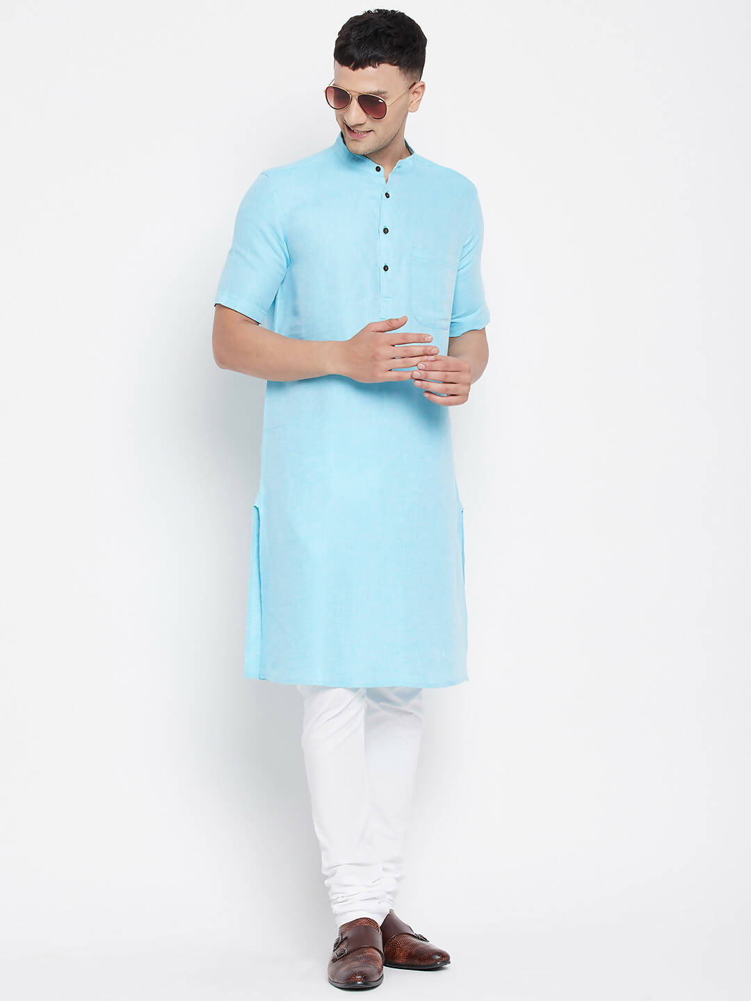 Even Apparels Blue Color Pure Cotton Men's H/S Kurta With Band Collar - Distacart