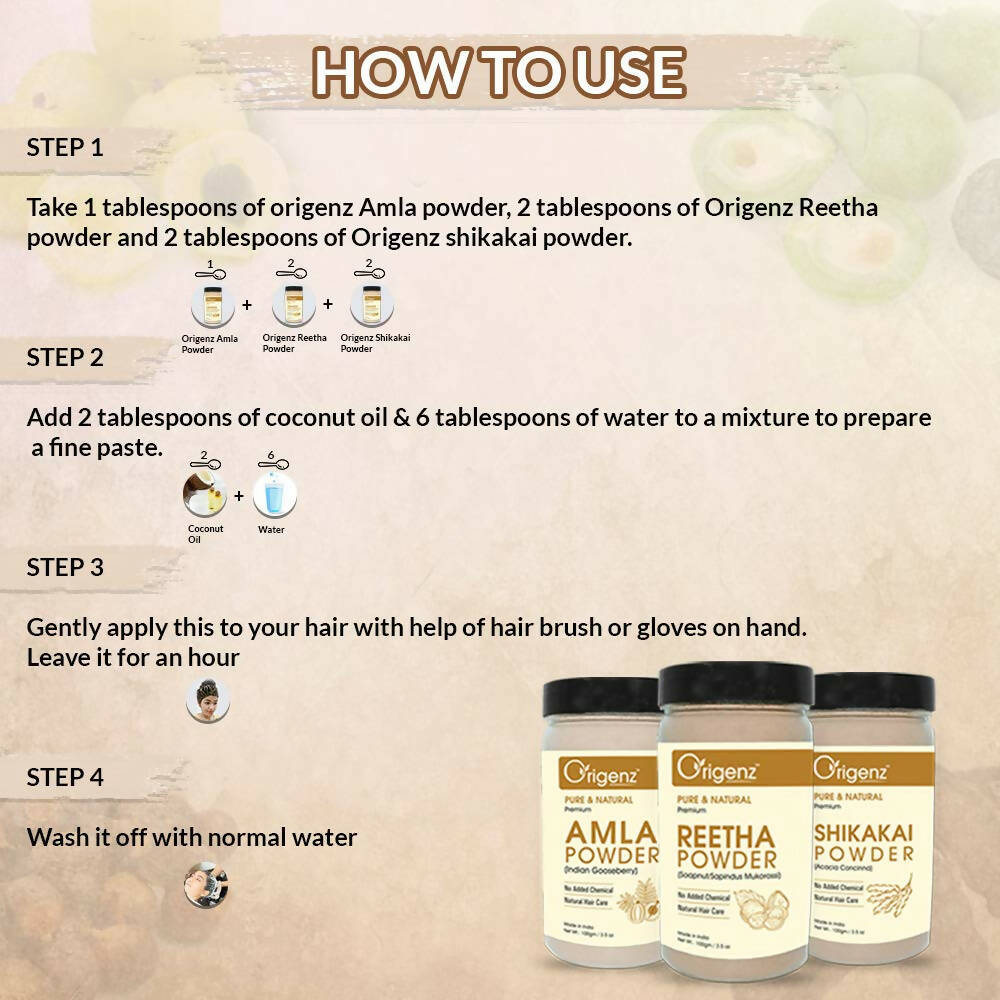 Origenz Premium Amla, Reetha, Shikakai Powder Combo For Hair Mask, Cleanser - Distacart