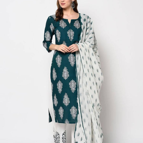 Yufta Teal Block Print Kurta with palazzo and Dupatta Set