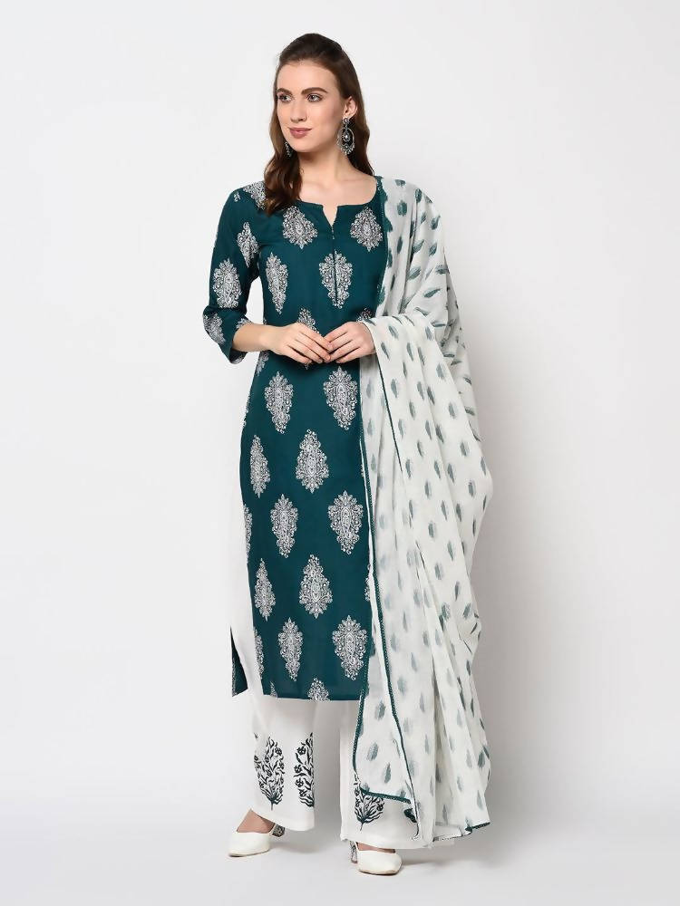 Yufta Teal Block Print Kurta with palazzo and Dupatta Set