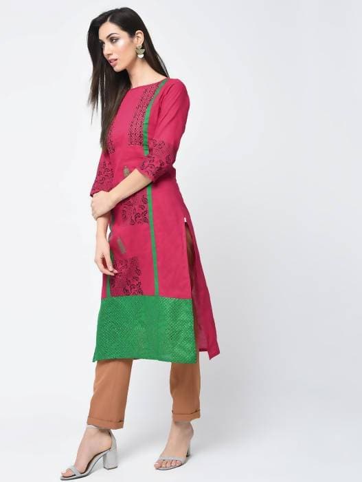 Aniyah Cotton Block Printed Straight Pink Kurta (AN-114K)