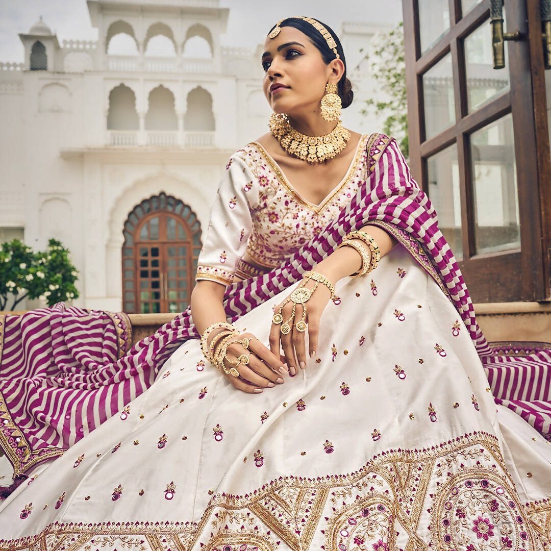 White Heavy Viscose Khatli, Embroidery & Mirror Work Unstitched Lehenga Choli - Sisha Keshav - Distacart