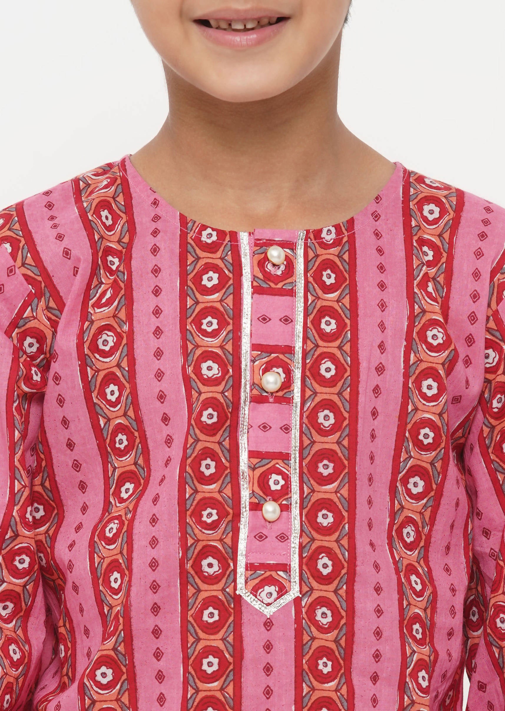 Little Bansi Cotton Striped Kurta with Pearl Buttons & Dhoti -Pink & Cream - Distacart