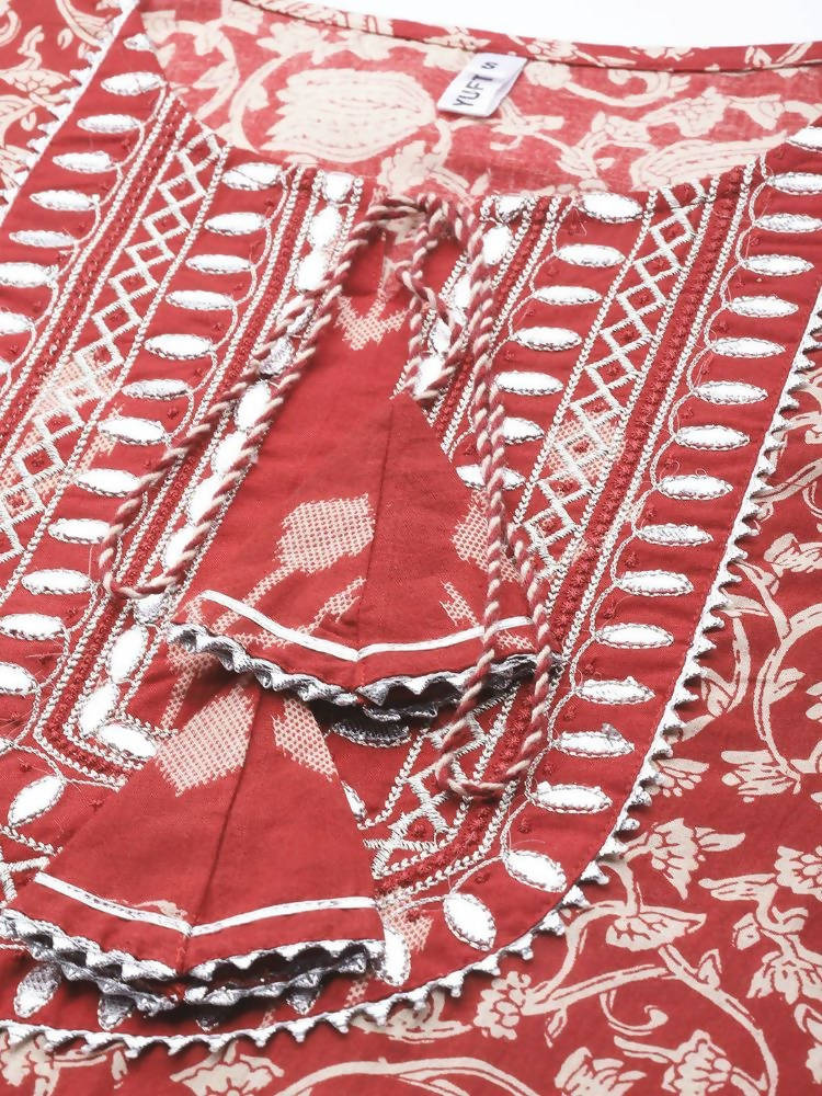 Yufta Maroon & Beige Ethnic Motifs Screen Print Cotton Straight Kurta Palazzo & Dupatta