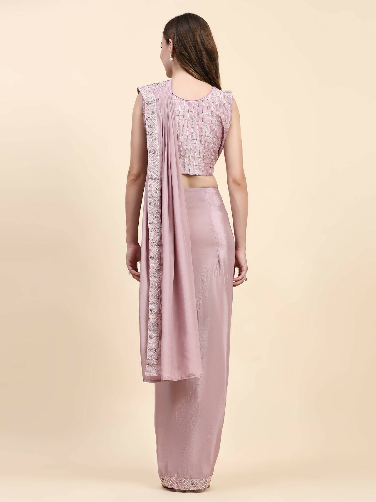 Pink Silk Satin Solid Ready to wear Saree with stitched Blouse - Satiksha - Distacart