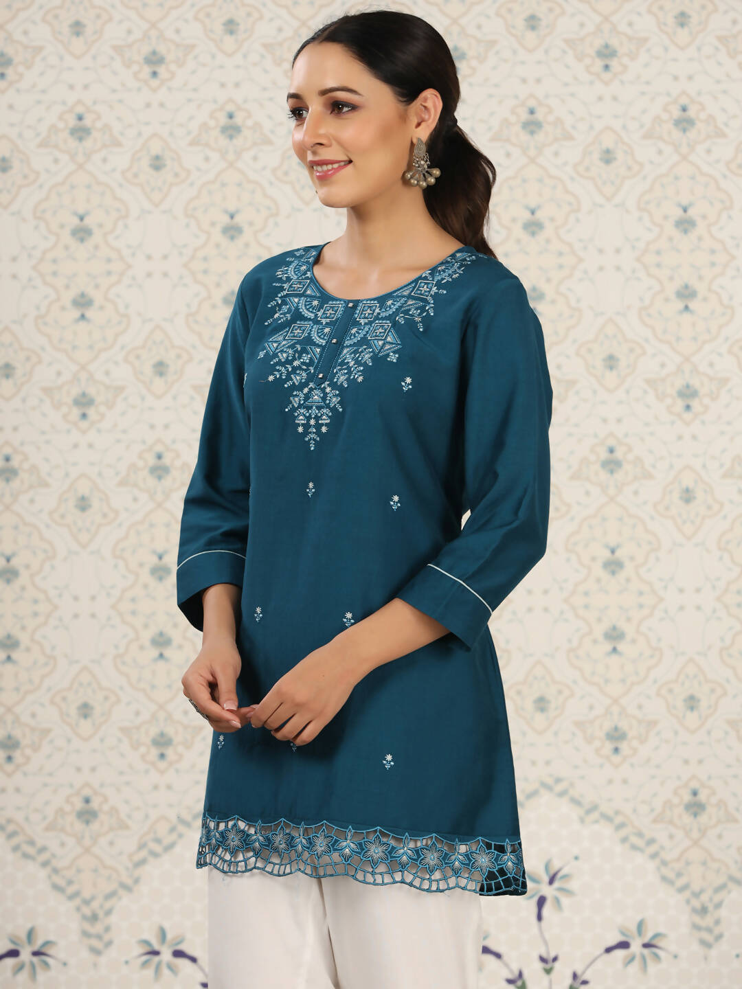 Teal Chinon Embroidered Straight Top - Zeny - Distacart