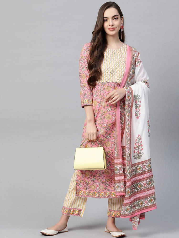 Yufta Women Pink & Yellow Handblock Printed Pure Cotton Kurta with Trouser & Dupatta