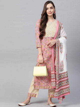 Yufta Women Pink & Yellow Handblock Printed Pure Cotton Kurta with Trouser & Dupatta