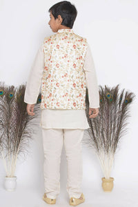 Thumbnail for Little Bansi Banarsi Floral Embroidery Jacket with Cotton Kantha kurta and Kantha Pyjama - Cream - Distacart