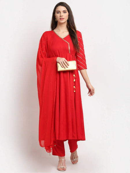 Rudra Bazaar Red Anarkali Kurti & Pyjamas With Dupatta - Distacart