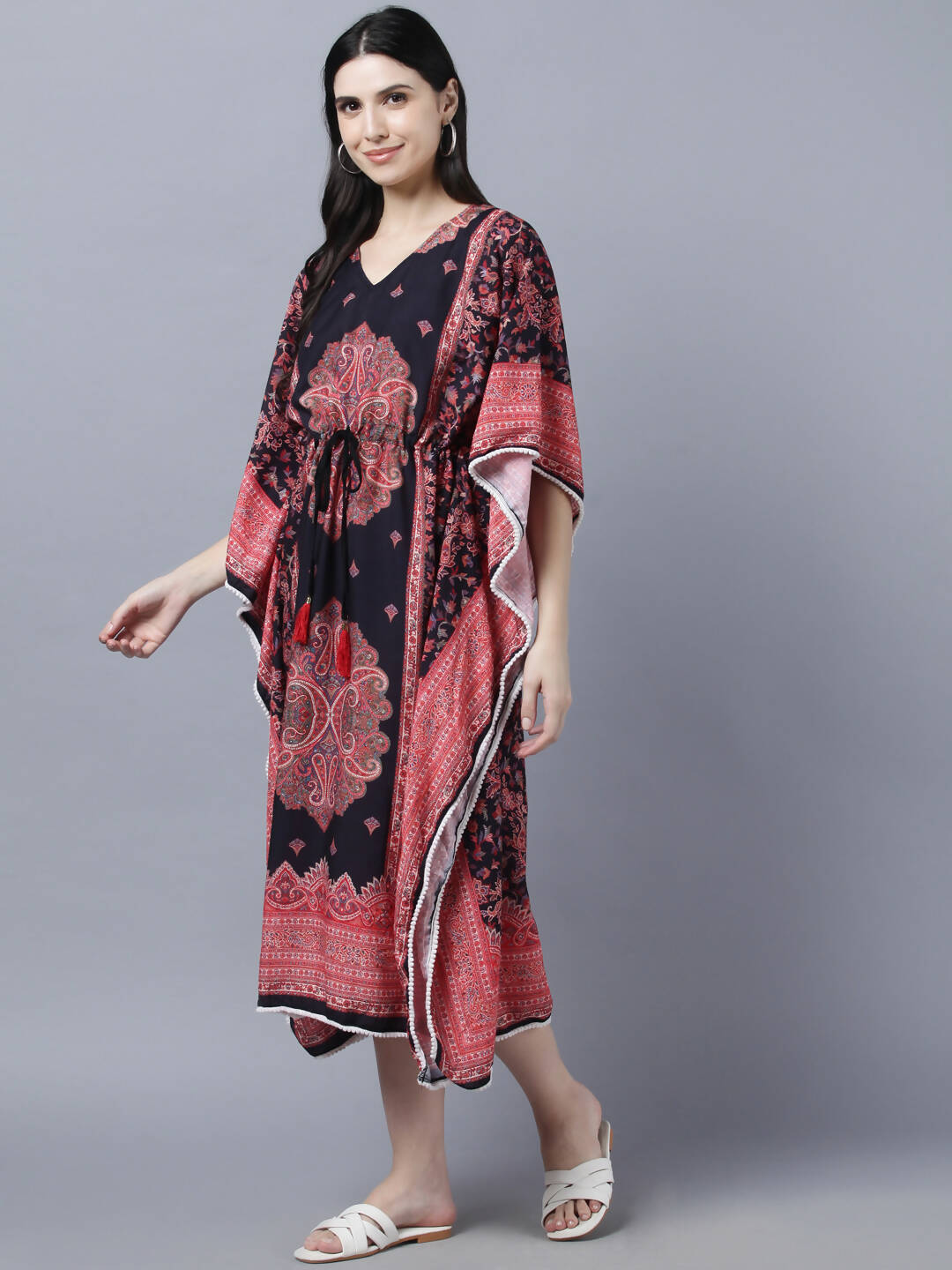 Myshka Peach-Coloured Purple Floral Kaftan Midi Dress - Distacart