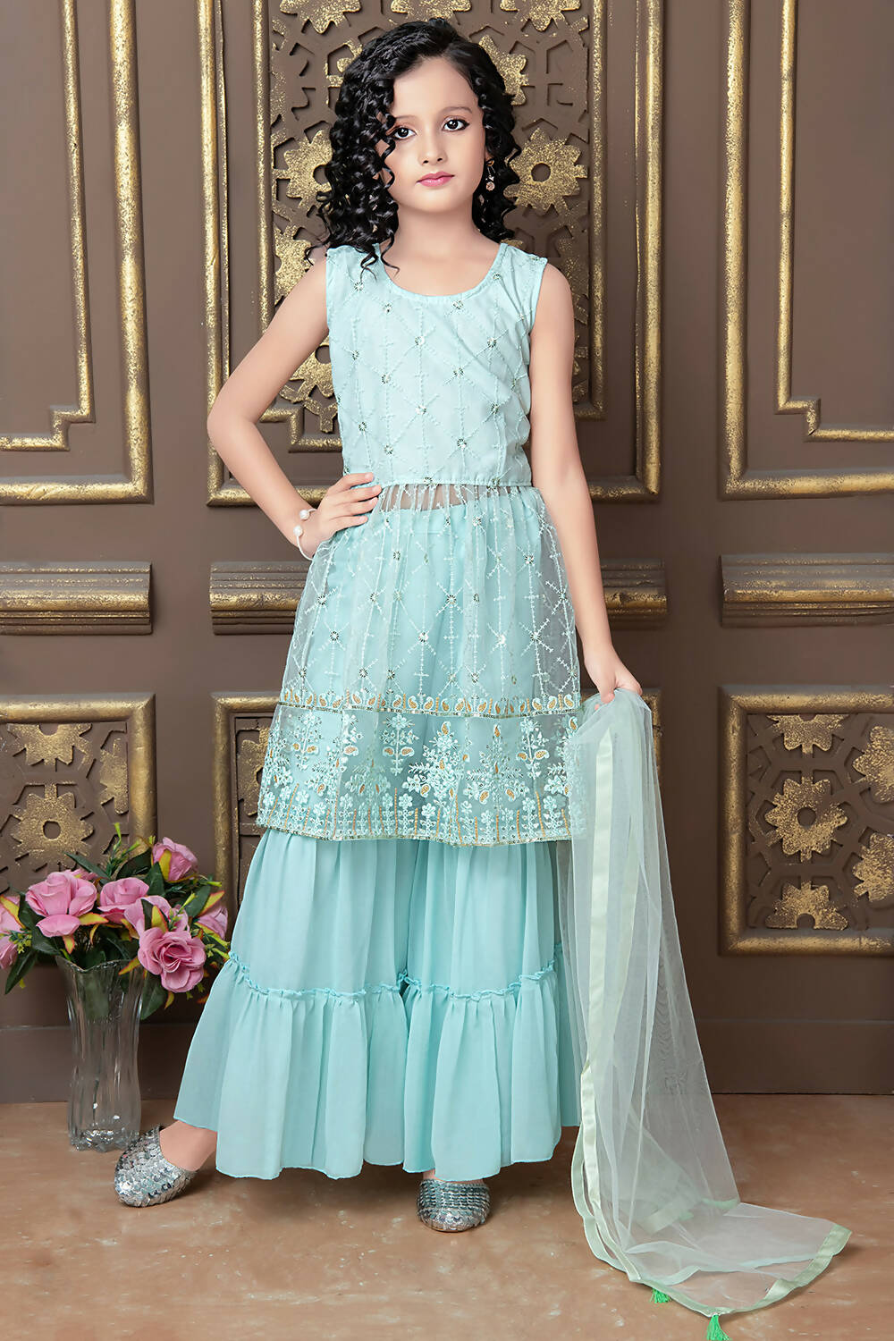 Kids Wedding Designer Sky Pure Finest Soft Net Sharara Suit - Aaradhna - Distacart