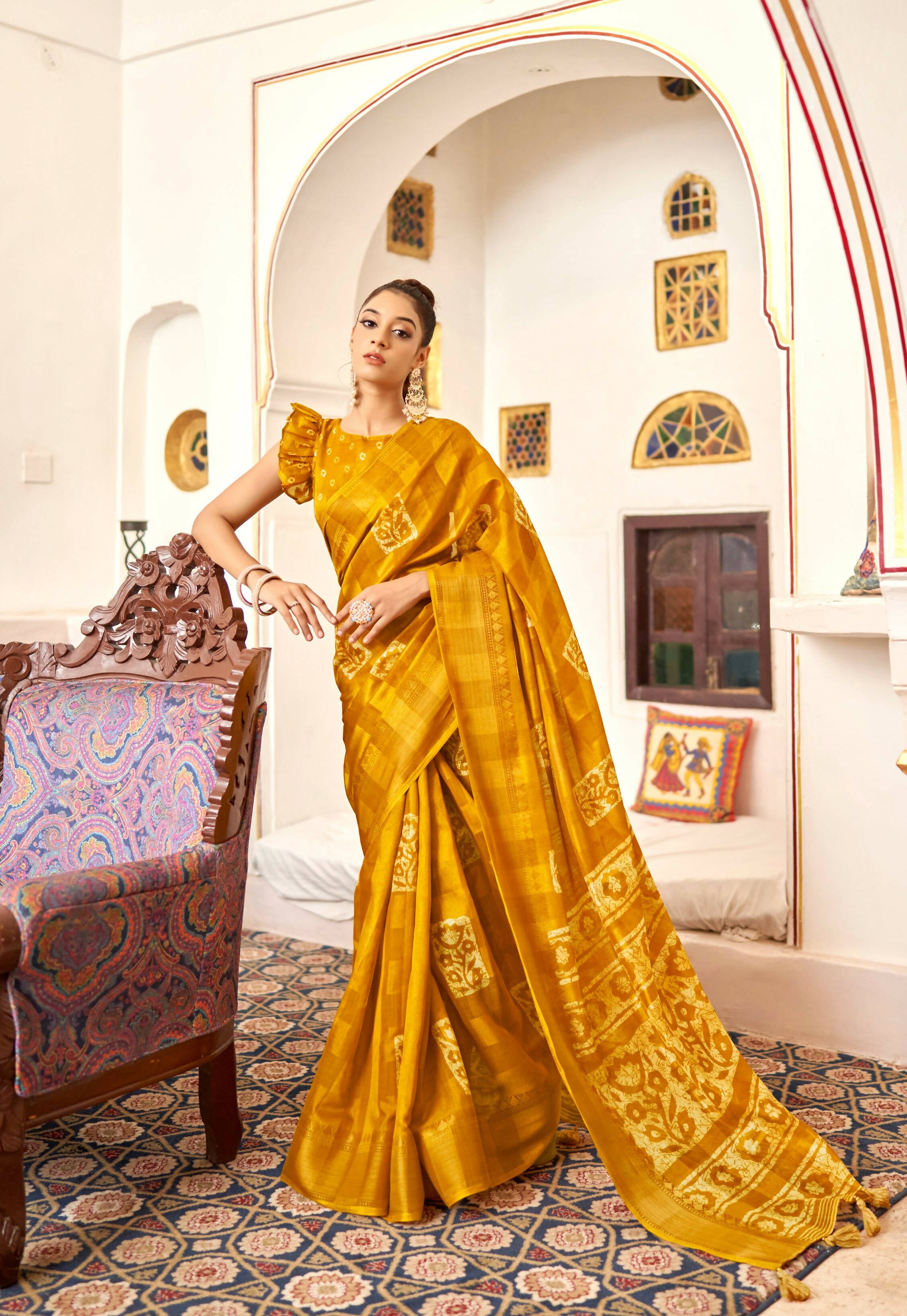 Mustard Patta Poly Cotton Floral Printed Saree With Unstitched Blouse Piece - Shades - Distacart