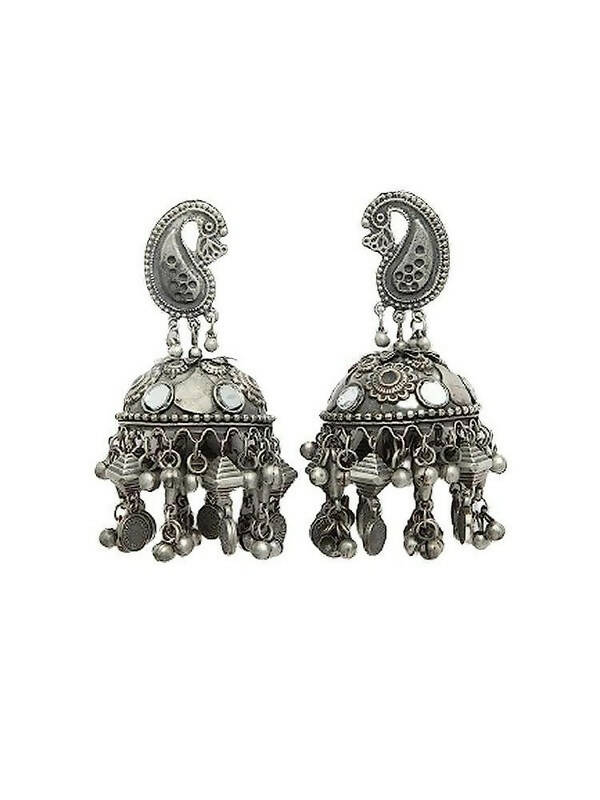 Peacock Shaped Tribal Design Oxidised Silver Plated Chandelier Jhumkas (VMC-PCK2) By House of Ree - Distacart