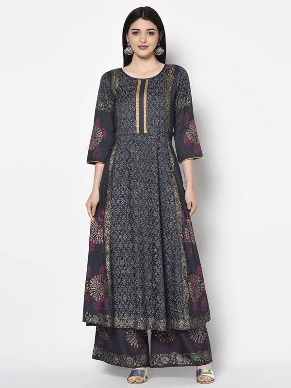 Aniyah Rayon Dark Grey Color Block Print Anarkali Kurta (AN-200K)