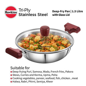 Hawkins Tri-Ply Stainless Steel Deep-Fry Pan with Glass Lid Silver (SSD15G)