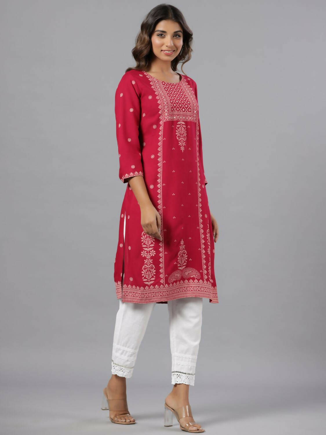 Juniper Women Fuchsia Rayon Printed Knee Length Straight Kurta - Distacart
