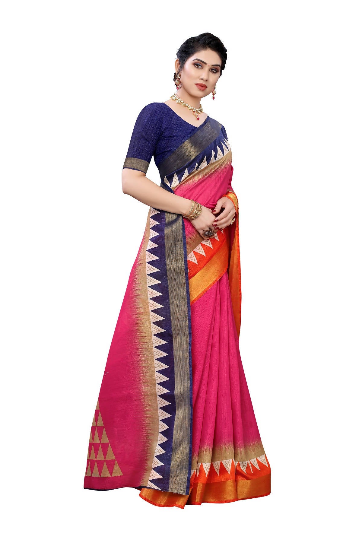 Vamika Pink & Blue Linen Jari Border Saree (GUNJAN PINK) - Distacart