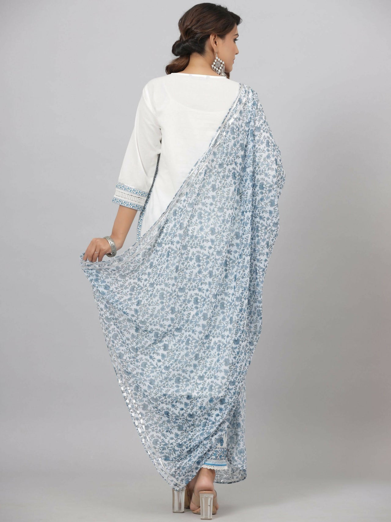 Juniper Women's White Cotton Cambric Solid Kurta Floral Printed Pant & Dupatta Set - Distacart
