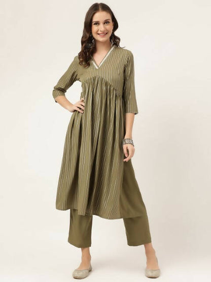 FIORRA Women's Olive Green Poly Crepe A-Line Kurta Set - Distacart