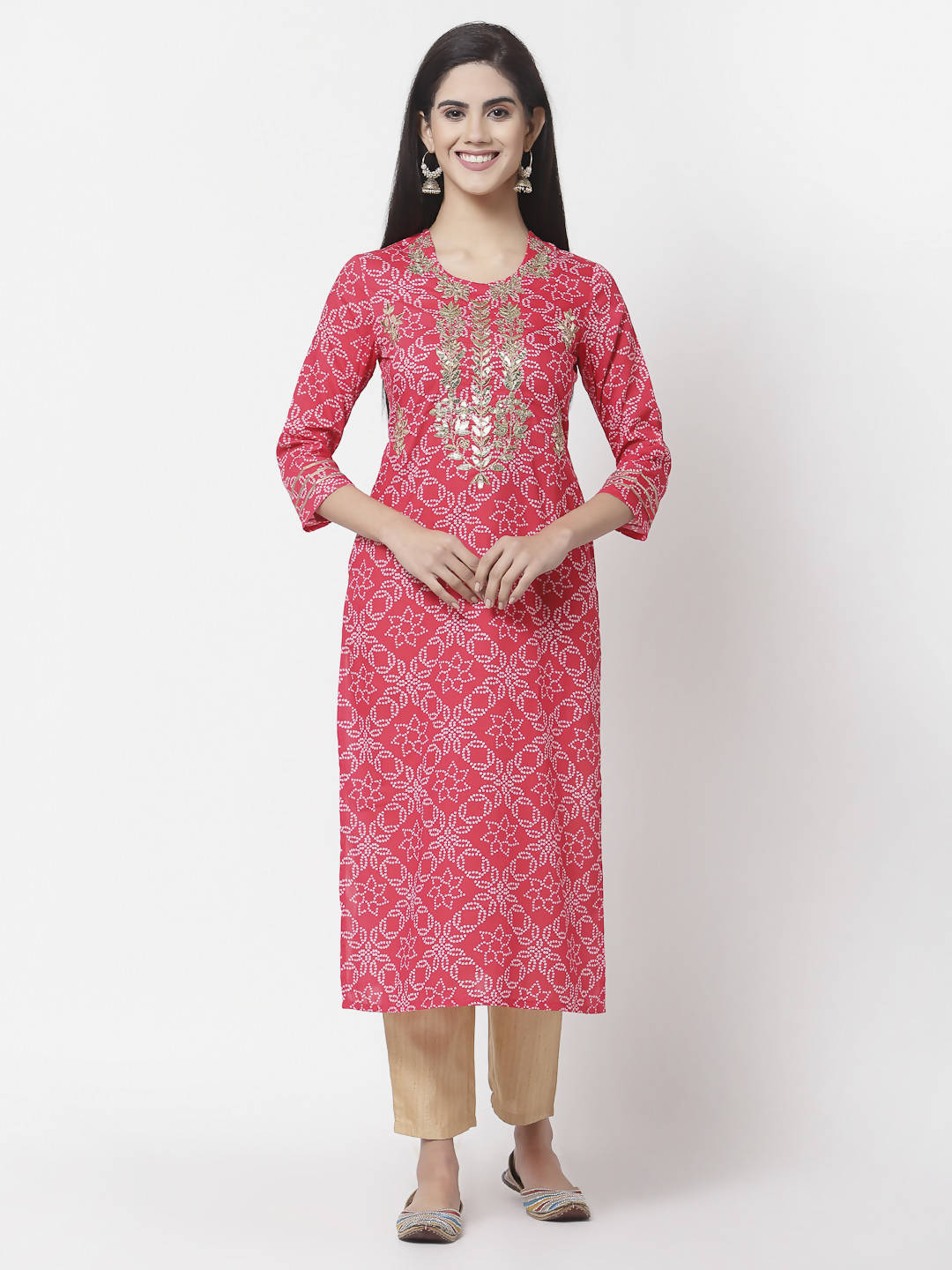 Myshka Women Red Viscose Printed 3/4 Sleeve Round Neck Kurta