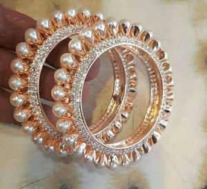 Mominos Fashion Trendy Gold Plated American Diamond & Pearls Design Bangles