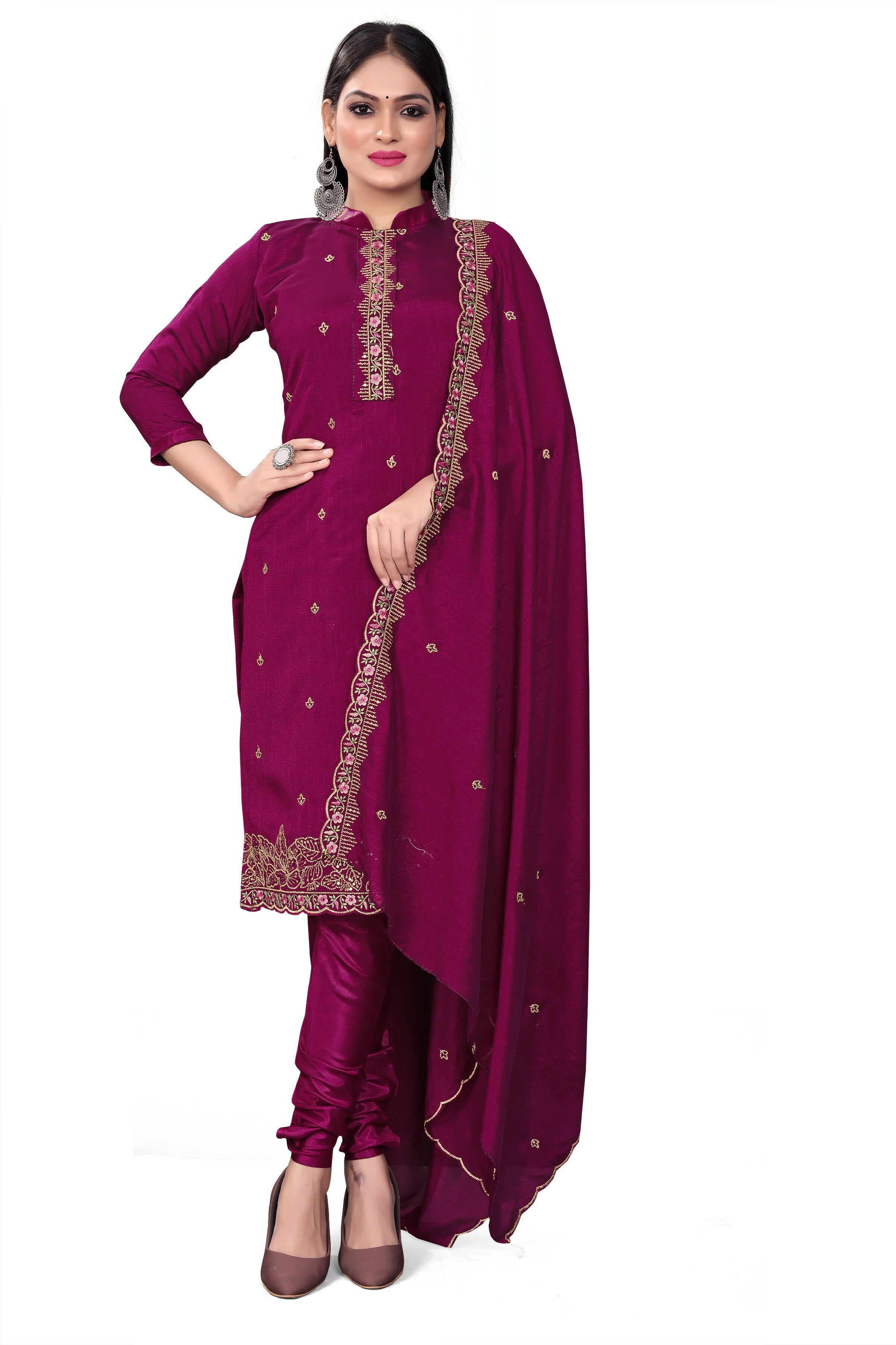 Purple Silk Embroidered with Sequins work Unstitched Dress Material - Tanvi - Distacart