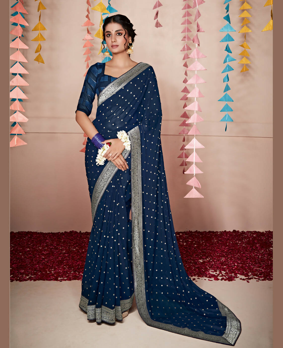 Blue Georgette Foil Printed Saree With Unstitched Blouse Piece - Nitya - Distacart