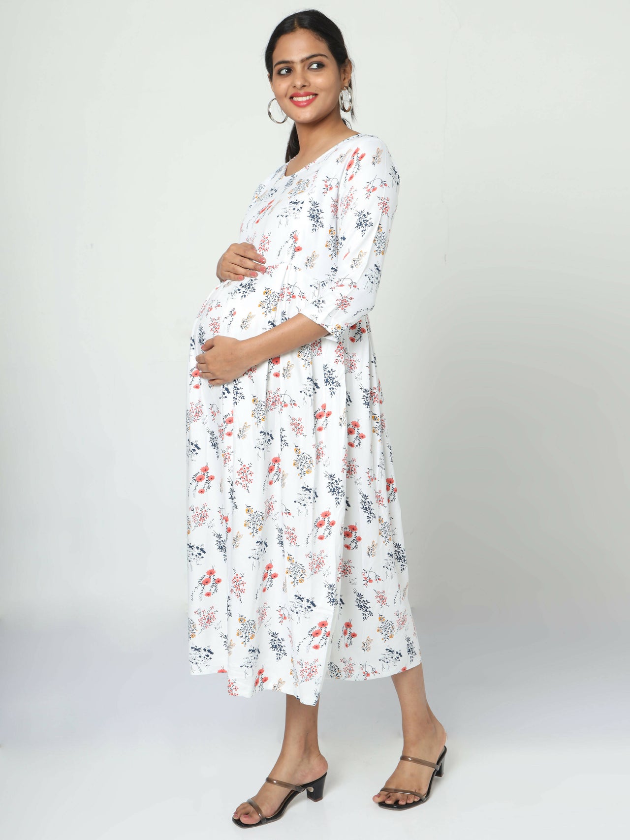 Manet Three Fourth Maternity Dress Floral Print With Concealed Zipper Nursing Access - White - Distacart