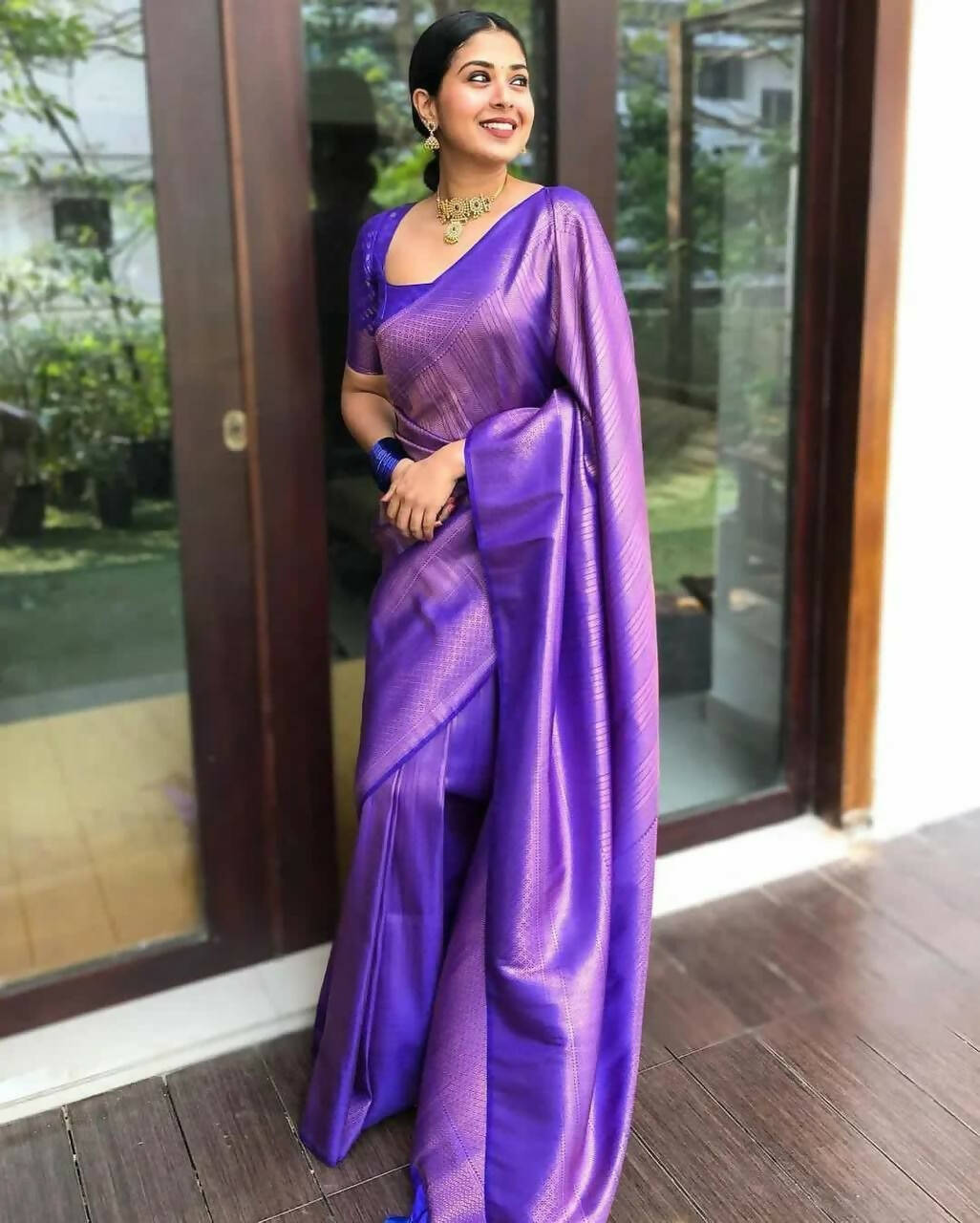 DEIANA'S Beautiful Golden Jari with New Design Soft Lichi Silk Saree - Royal Blue - Distacart