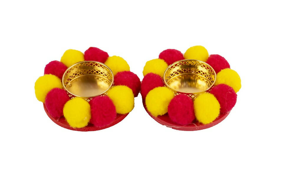 Kundan HandiKrafts Designer Floating Multi Coloured Pom Pom Candle Holders - Distacart