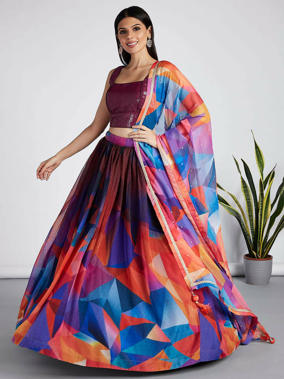 House of Panchhi Multi colour Organza Abstrack design digital print Semi-Stitched Lehenga choli & Dupatta - Distacart