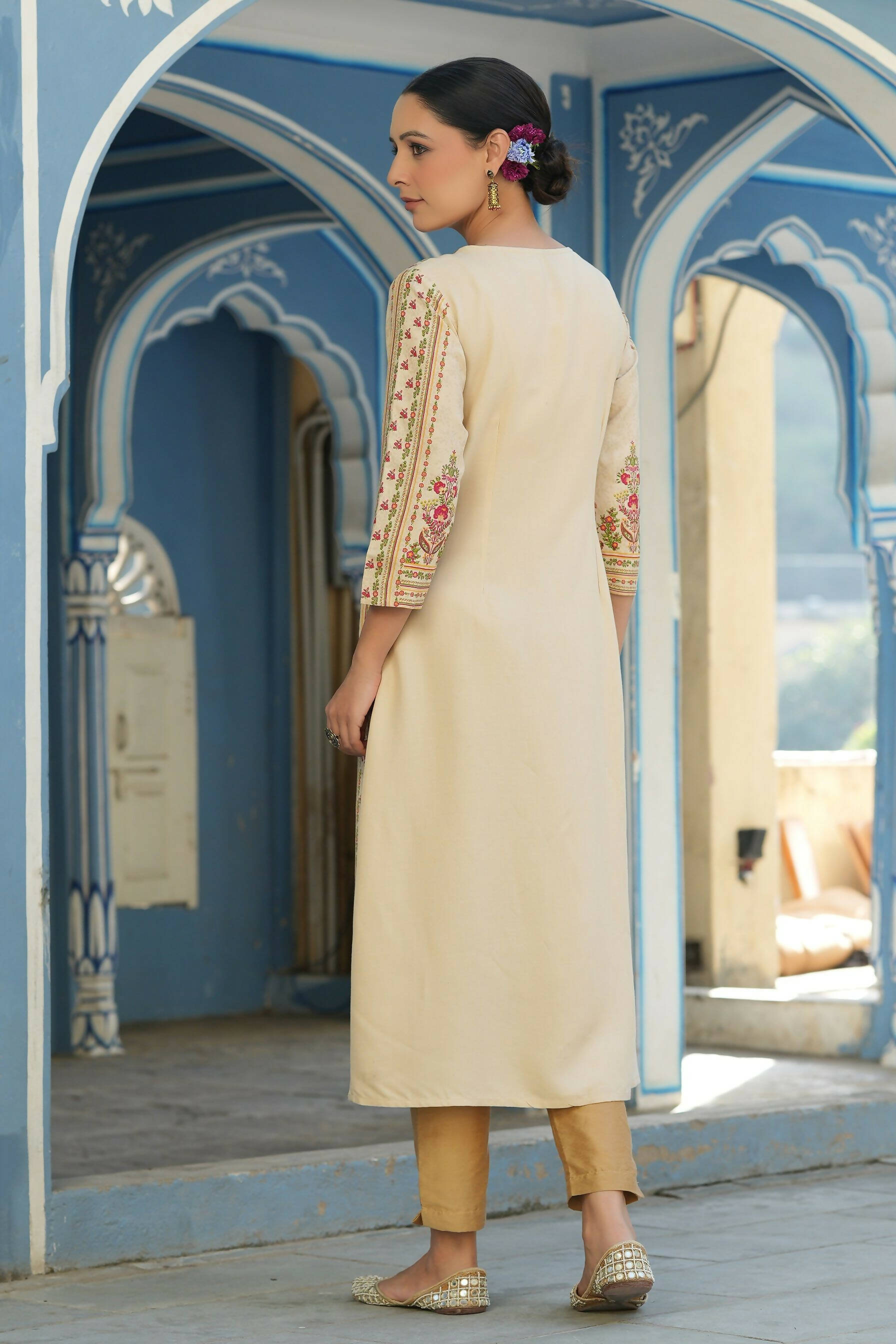 Juniper Women's Cream Rayon Staple Placement Printed A-Line Kurta - Distacart