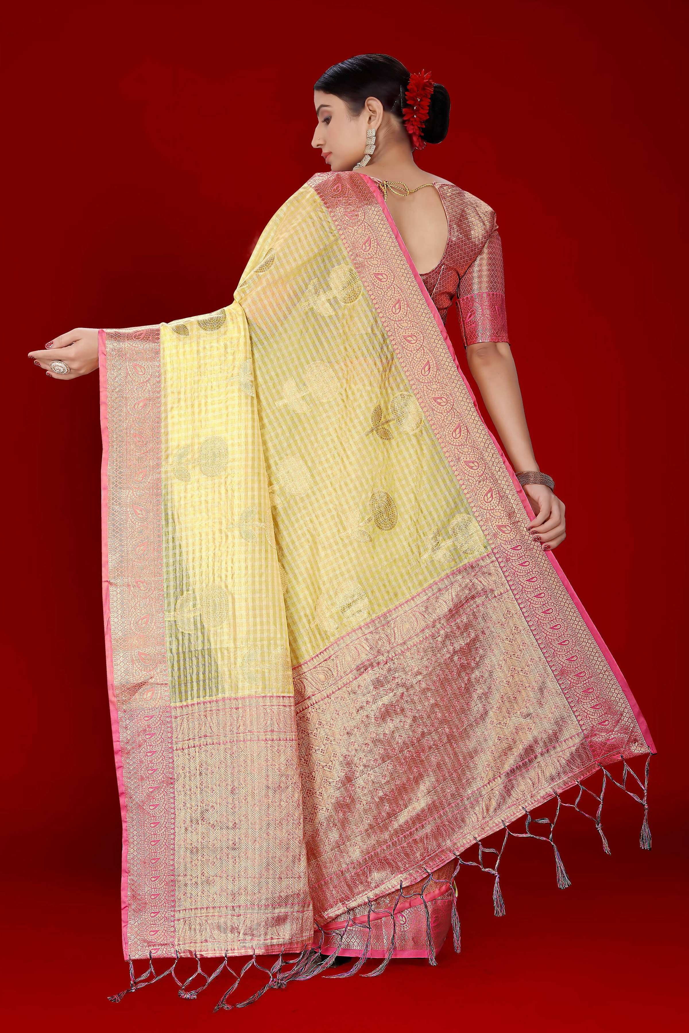 Yellow Soft Organza Woven Design Saree With Unstitched Blouse Piece - Zaara - Distacart