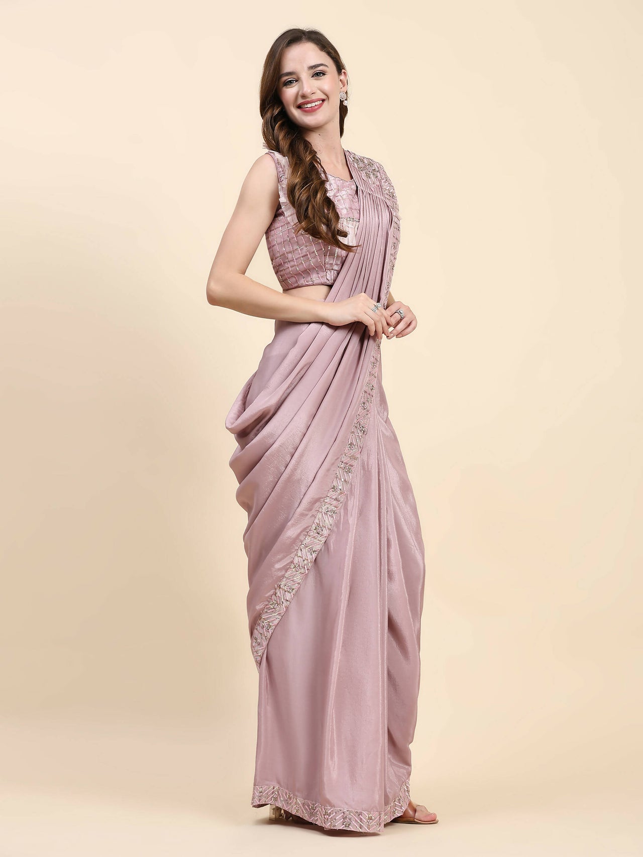 Pink Silk Satin Solid Ready to wear Saree with stitched Blouse - Satiksha - Distacart