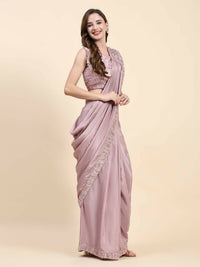 Thumbnail for Pink Silk Satin Solid Ready to wear Saree with stitched Blouse - Satiksha - Distacart