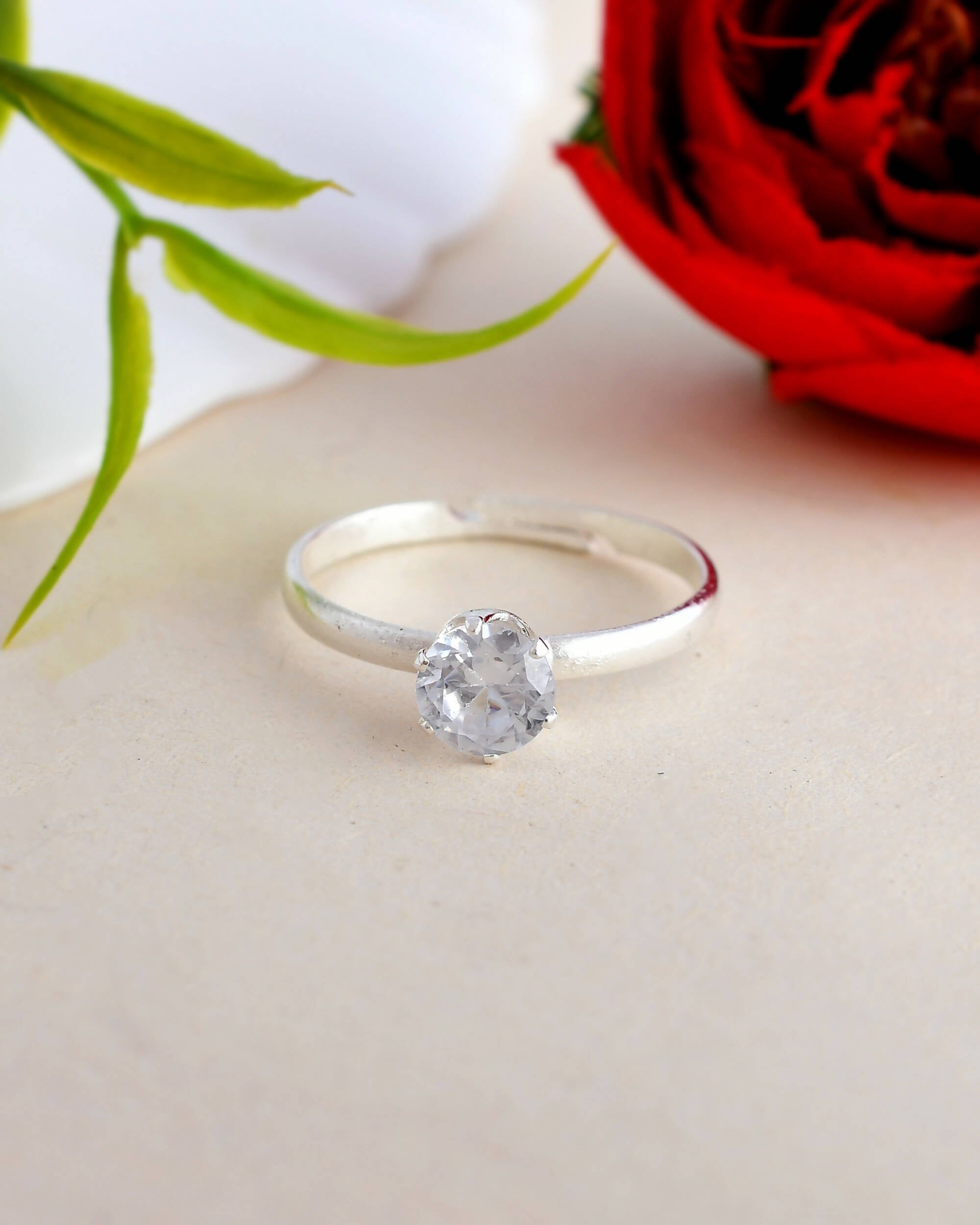 VOJ white CZ-detail Stainless Steel Cubic Zirconia Silver Plated adjustable finger Ring - Distacart