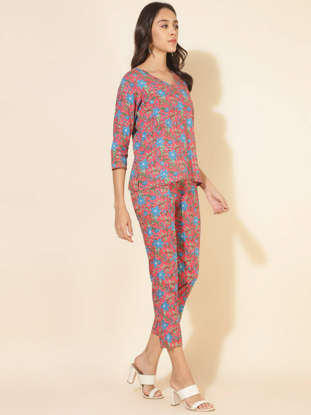 Janasya Women's Pink Cotton Floral Printed Casual Regular Co-ords - Distacart